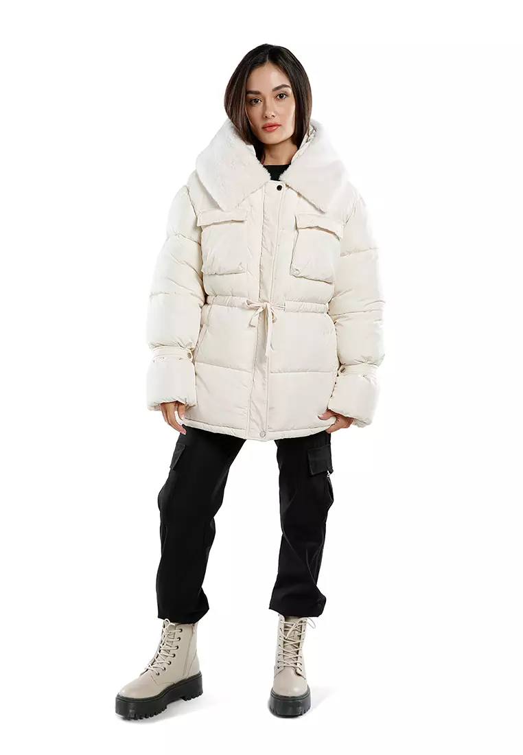 Cream Long Puffer Jacket Hoodie
