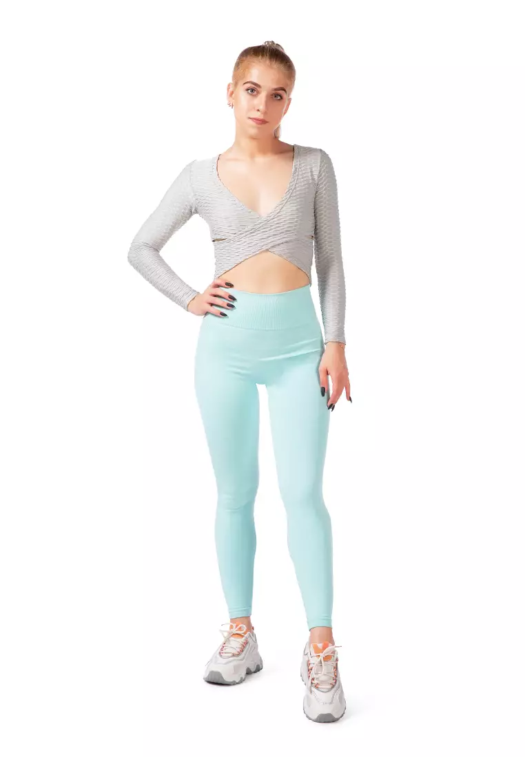 V-Neck Wrap Yoga Crop Top dalam Warna Abu-abu
