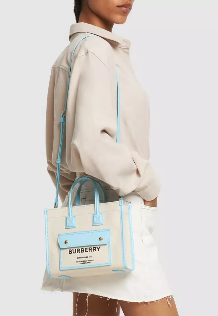 Buy Burberry Mini Freya Tote Bag in Natural/Cool Sky Blue