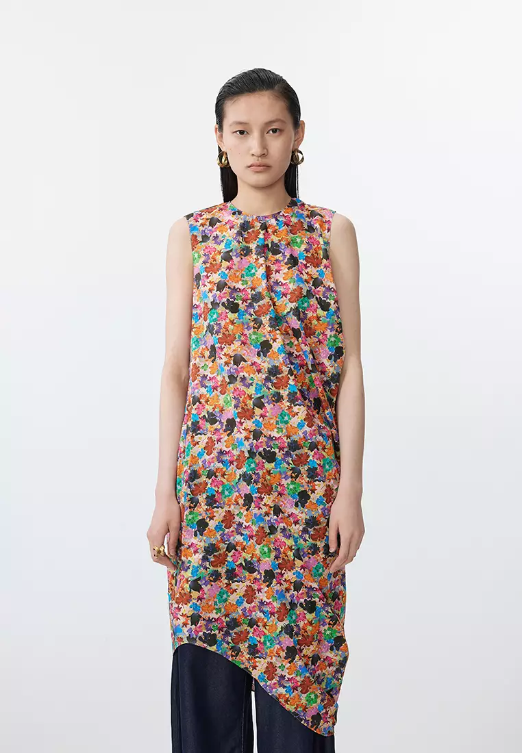 全棉未來主義花朵花型無袖連衣裙