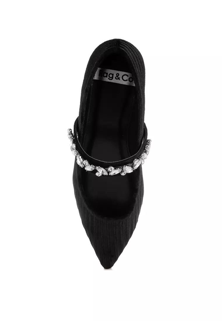 Diamante Brooch Velvet Ballerinas in Black