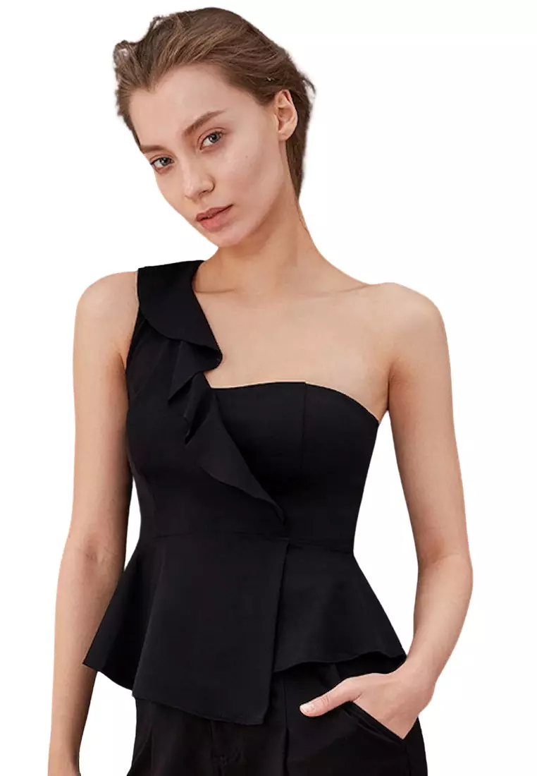 Peplum One Shoulder Top Black