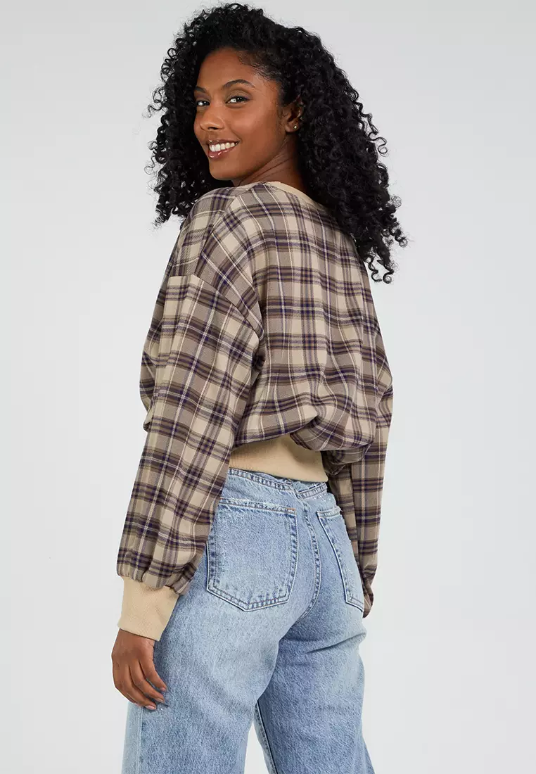 Pink Vanilla Brown Oversized Cropped Check Sweatshirt