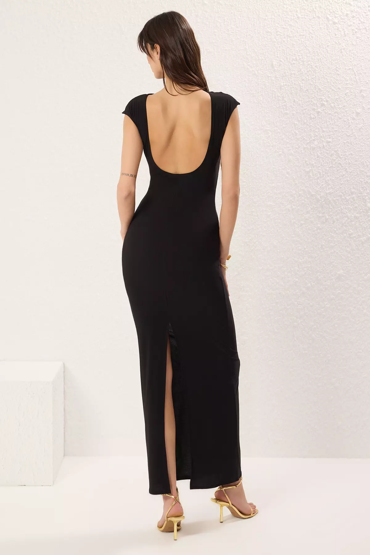 Black Accessory Detailed Knitted Long Elegant Evening Night Graduation Dress TPRSS25AE00097