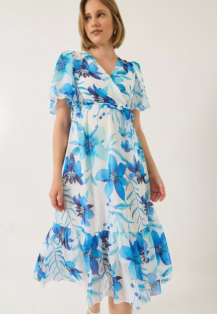 Women's Double Breasted Collar Elastic Waist Belted Lined Patterned Chiffon Dress 60283211