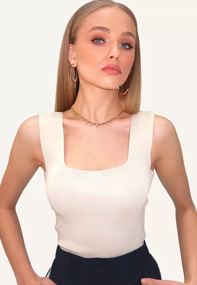 Women's Beige Square Neck Slim Mercerized Blouse