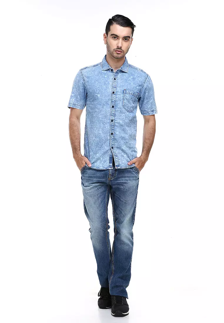 Dwan Shirt Kemeja Pria Jeans Lengan Pendek Kasual Formal Material Denim ORIGINAL - Blue