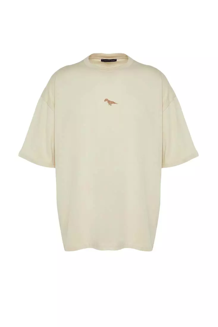 Crew Neck Short Sleeve Dinosaur Embroidered T-Shirt