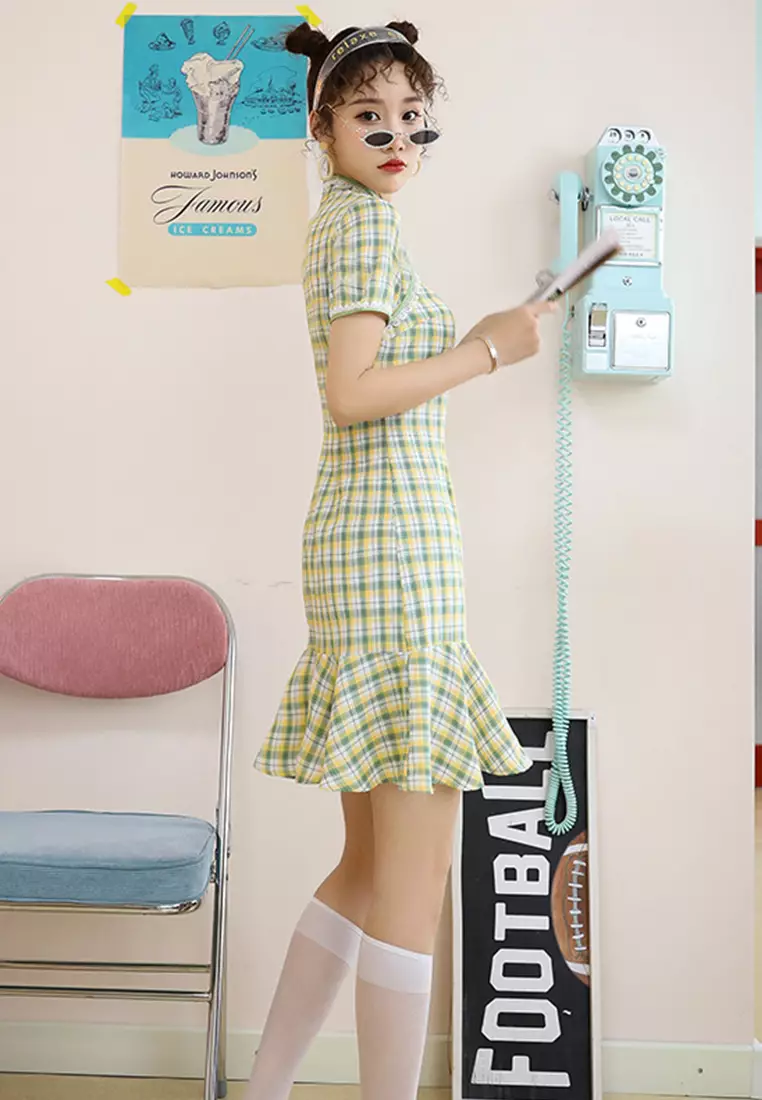 時尚優雅格紋清新旗袍連衣裙CA122719GR