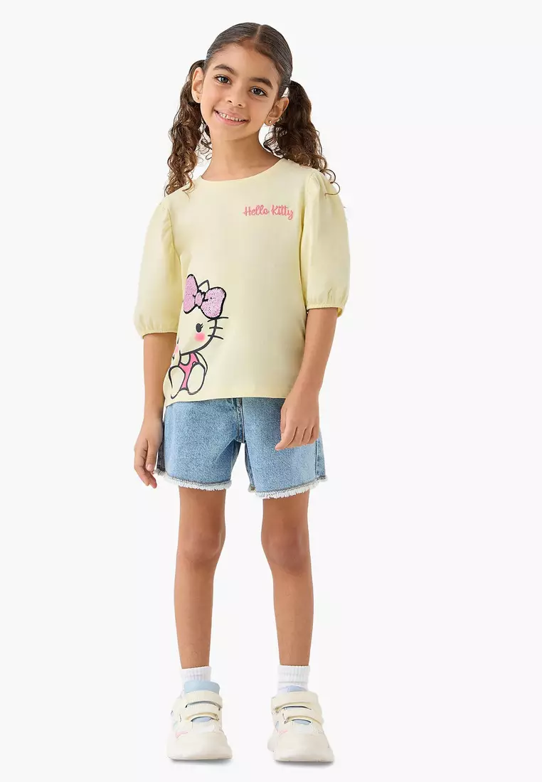 Babyshop Sanrio Round Neck Short Sleeves T-Shirt With Hello Kitty Sequin Detail