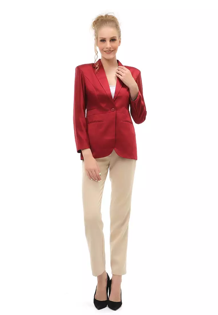 Qemsya Outer Blazer Kasual Formal Wanita Lengan Panjang Material Wool Twist ORIGINAL - Maroon