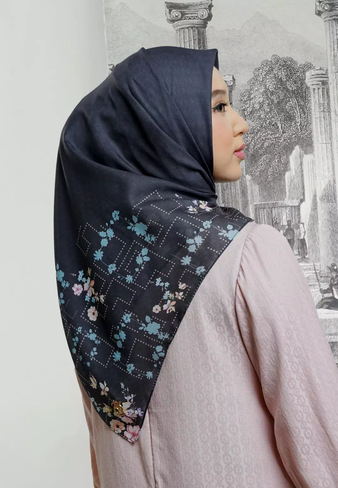 VIOLA Scarf Black - Kerudung Hijab Segiempat Motif With BOX - Bahan Nesla - Ukuran 115x115