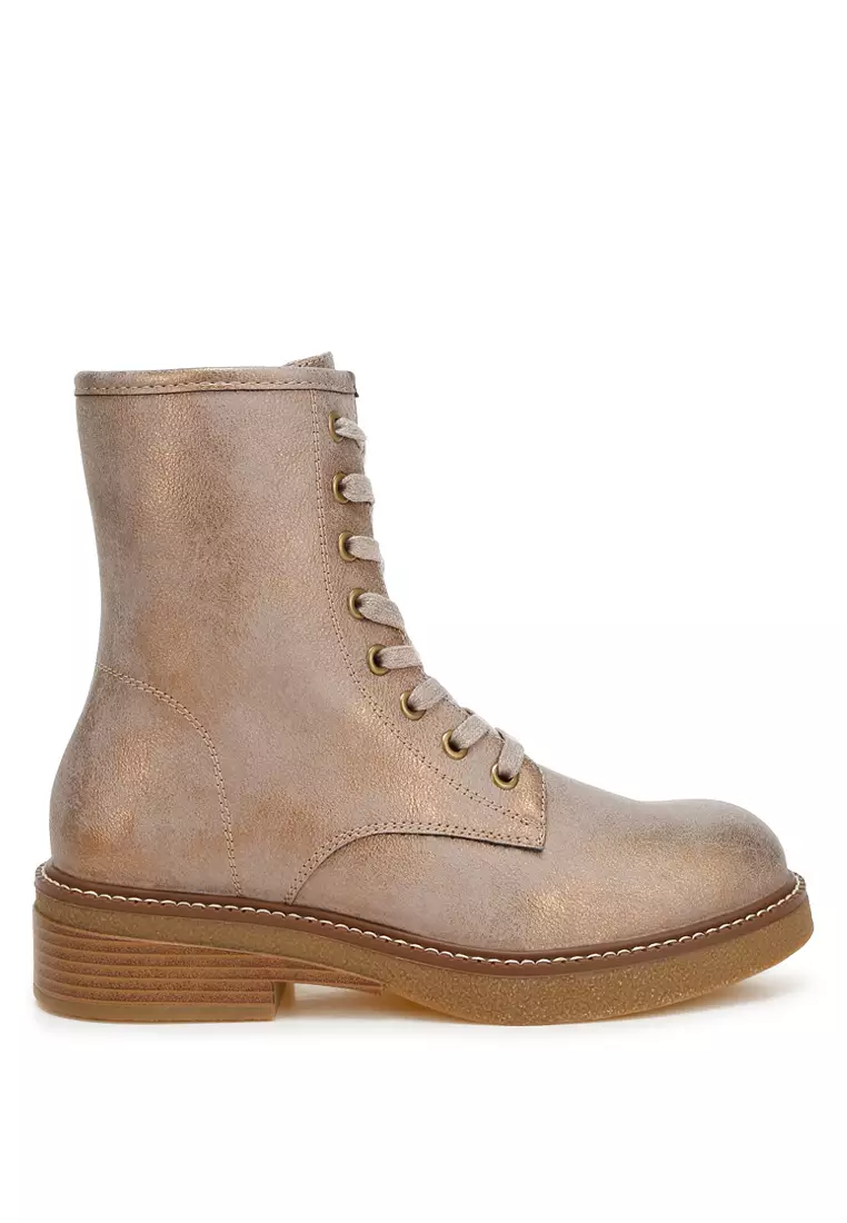 Discount on London Rag  shoes - SKU: Metallic Texture Lace Up Boots in Tan