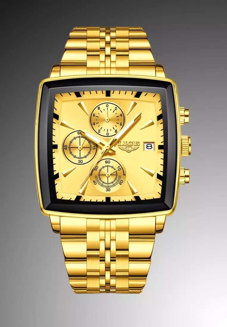 Chronograph Unisex Gold Color Finish Metal Alloy Quartz Watch 40X40mm, Gold Dial, Gold Color Finish Stainless Steel Bracelet
