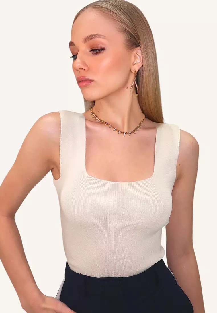 Women's Beige Square Neck Slim Mercerized Blouse