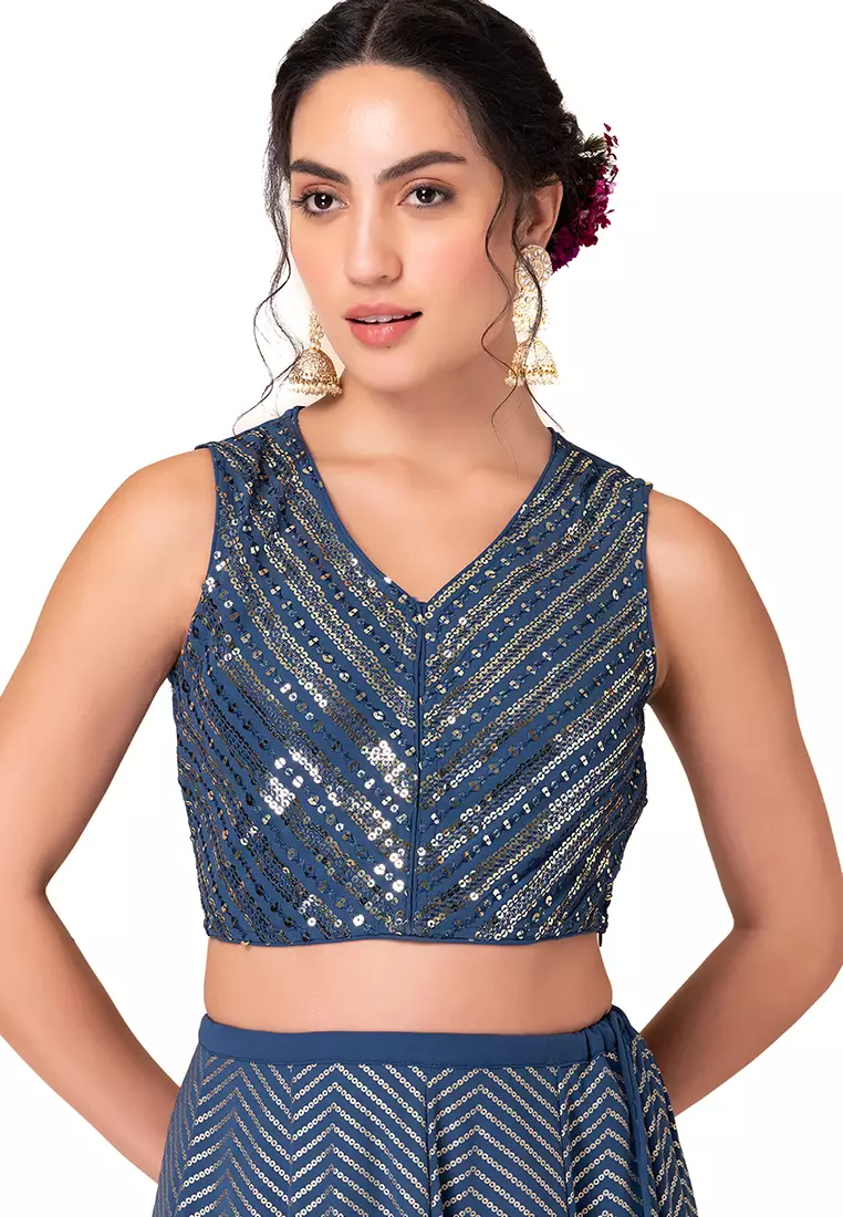 Buy Indya Dark Blue Striped Sequin Embroidered Blouse 2024 Online Zalora 