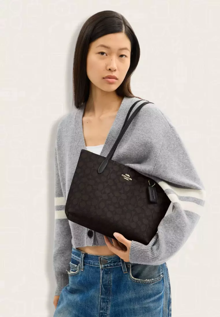 Coach Fiona Zip Tote Bag In Signature Canvas Walnut Black