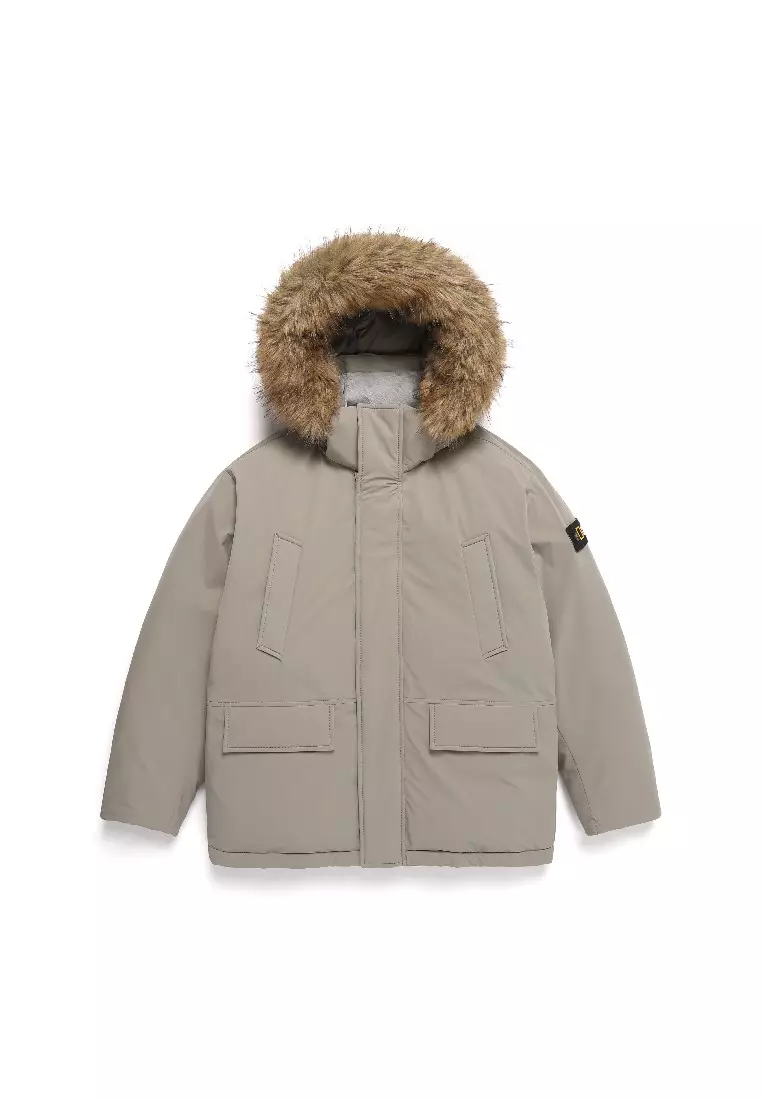 男女同款BELUGA毛邊中長版連帽羽絨外套