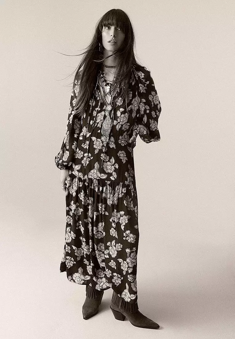 Crepe Floral Tie Neck Midaxi Waisted Dress