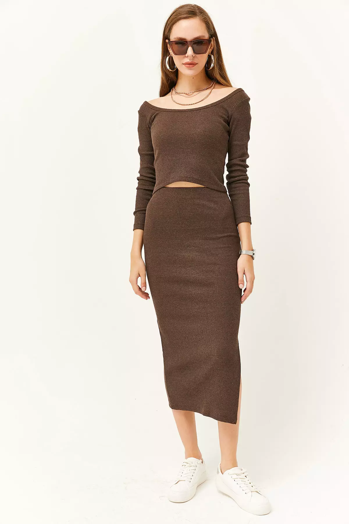 Women's Bitter Brown Open Collar Long Sleeve Blouse Slit Skirt Set Tkm-19000224