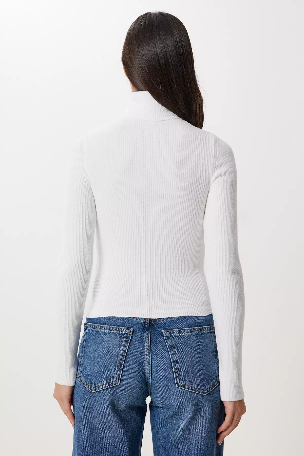 Women's White Turtleneck Stretchy Ribbed Sweater Ns00460
