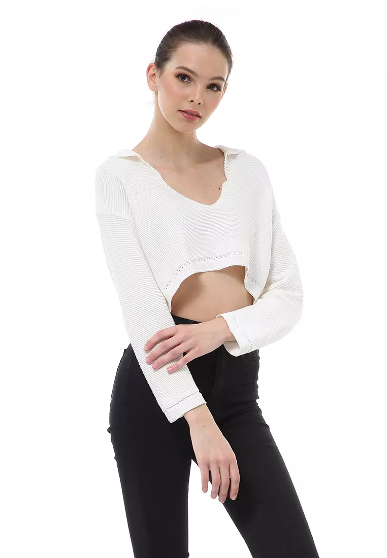 Albertine Atasan Crop Wanita Lengan Panjang Blouse Vneck Motif Polos Material Rajut ORIGINAL - White