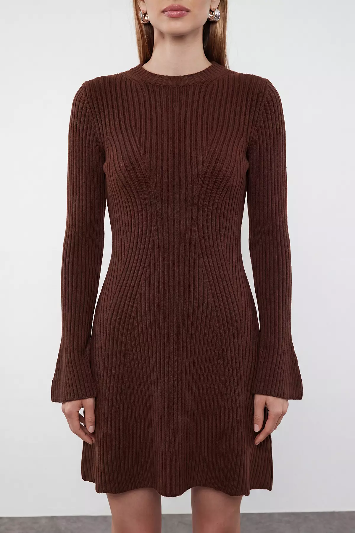 Brown Plain Extra Short / Super Mini Knitwear Dress Twoaw25El00030