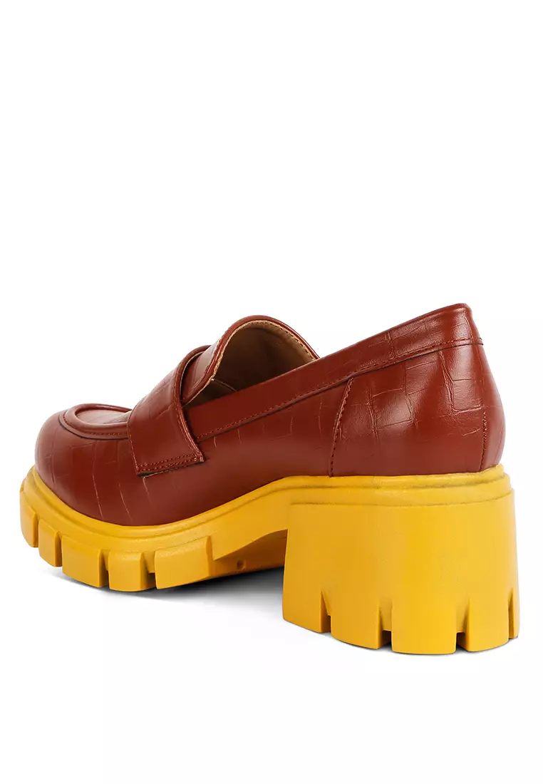 Sepatu Loafers Tan Chunky Block Heel