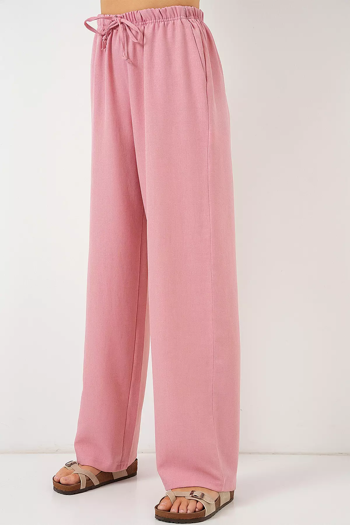 Women's Wide Leg Linen Trousers 6735 - Powder