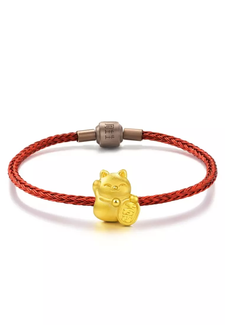 999 24K Solid Gold Maneki Neko Lucky Cat Charm 89164C (Bracelet not included)