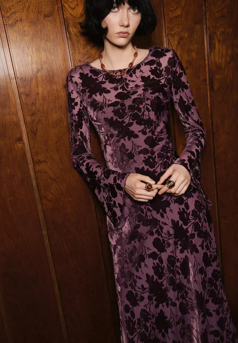 Floral Jacquard Dress With Bell Sleeves