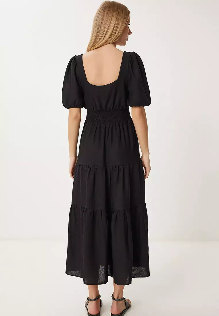 Women's Black Flounced Midi Linen Dress Fk00013