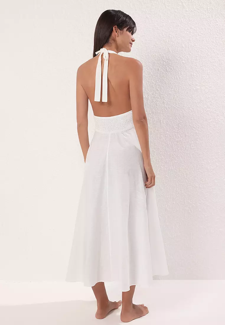 White Woven Midi Halter Neck 100% Cotton Beach Dress TBESS25EL00129