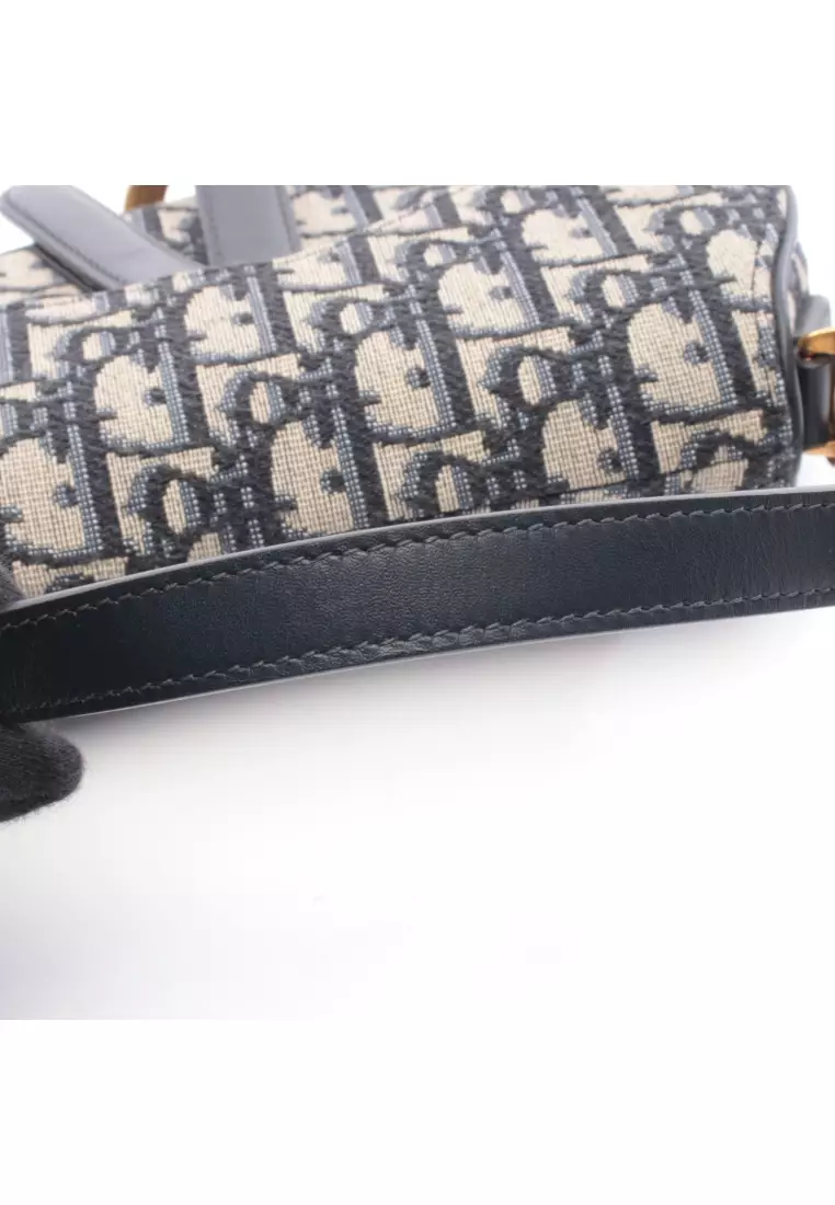 Pre-Loved Christian Dior saddle bag mini oblique jacquard Handbag canvas leather ivory Navy With optional shoulder strap 2WAY