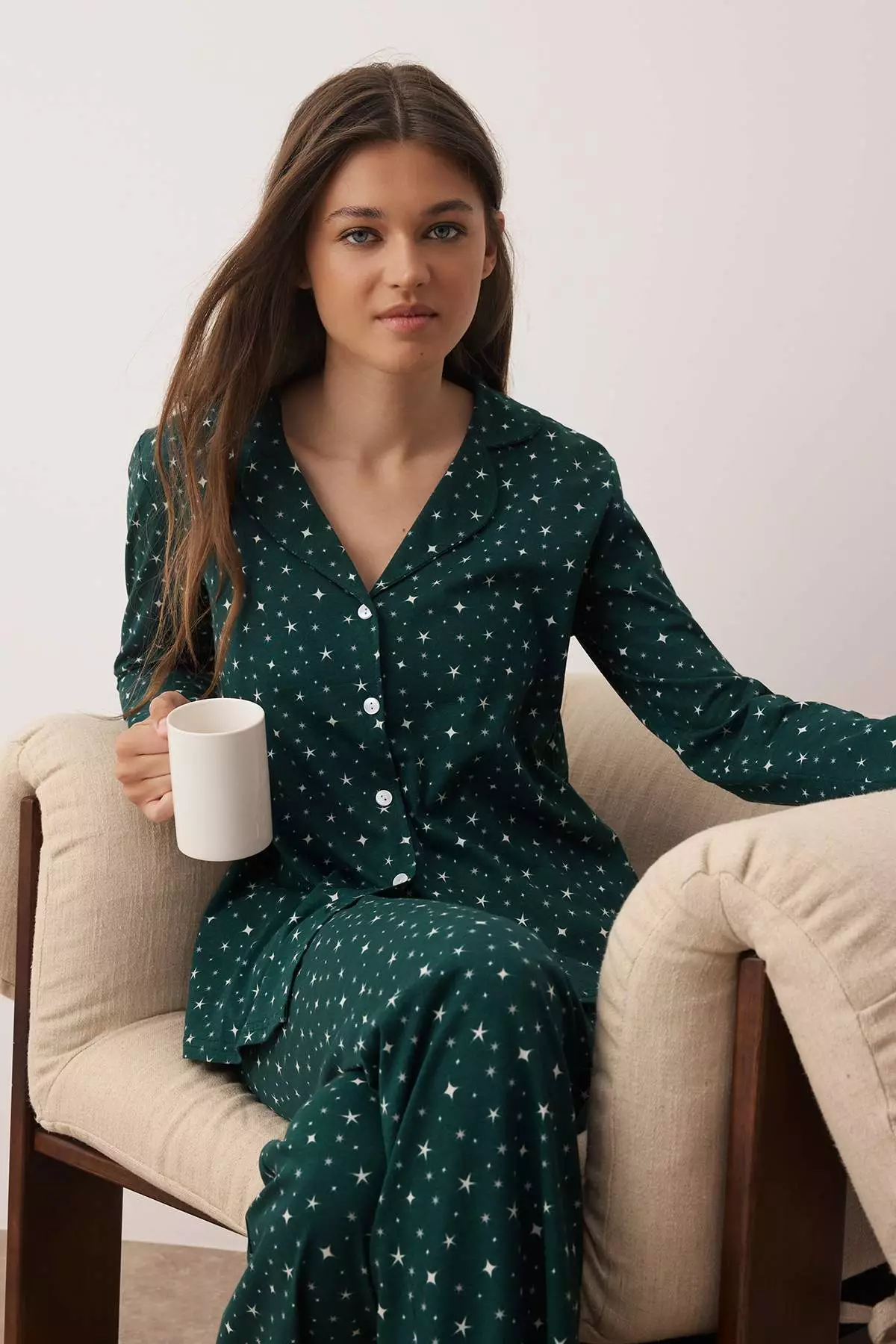 Emerald Green 100% Cotton Galaxy Patterned Knitted Pajama Set Thmaw25Pt00097