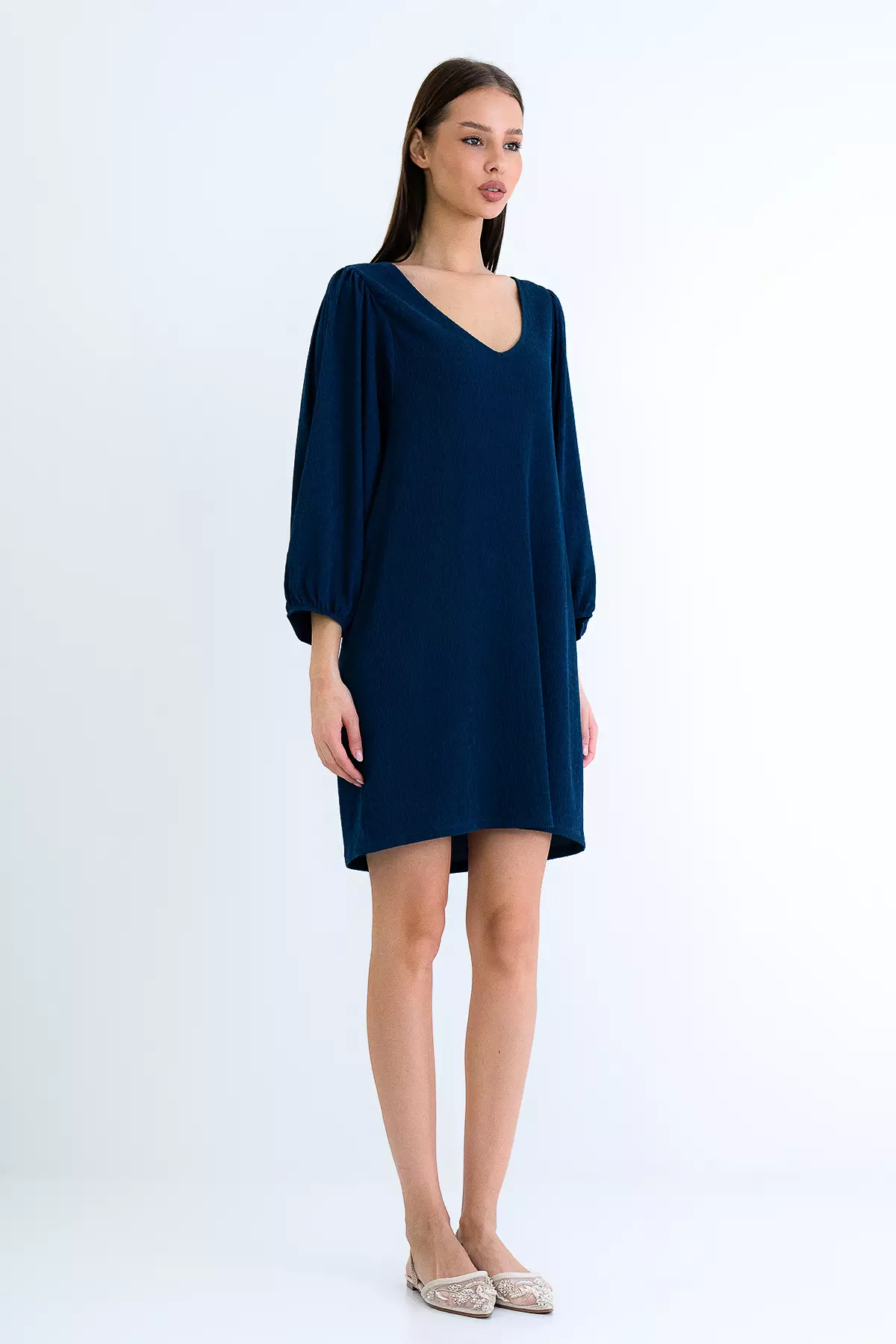 Navy Blue V-Neck Princess Sleeve Wrap Mini Dress Alc-X15160