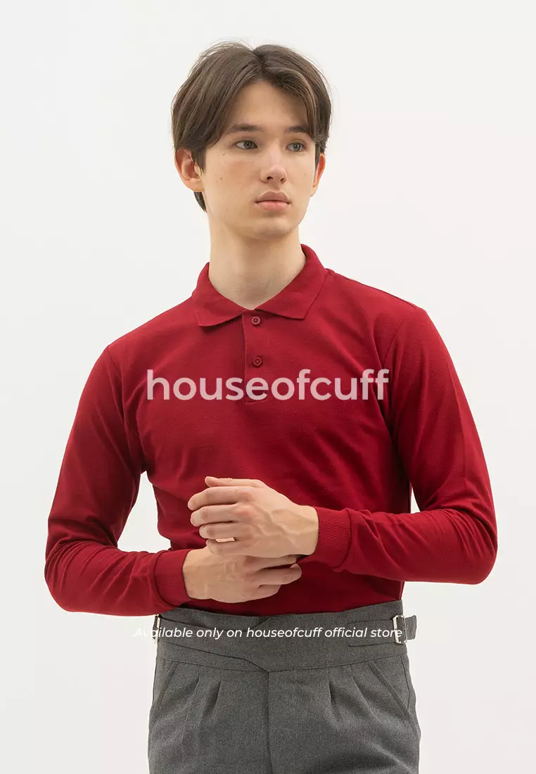 Polo Shirt Kaos Kerah Polo Lengan Panjang Slim Fit Maroon