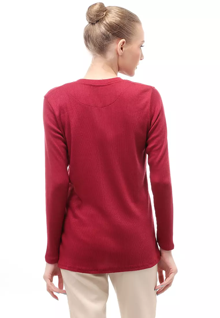 Briley Kaos Atasan Wanita Long Sleeves Motif Salur Relaxed Fit - Maroon