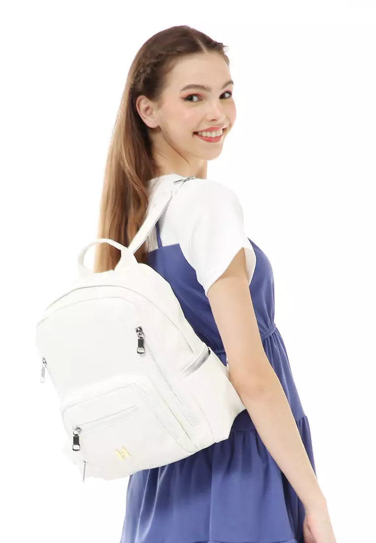 Afra Tas Ransel Wanita Many Space Backpack Desain Polos Material Leather ORIGINAL - White