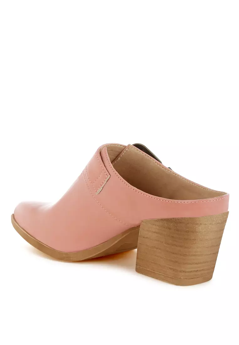 Carved Buckle Statement Mules in Pink