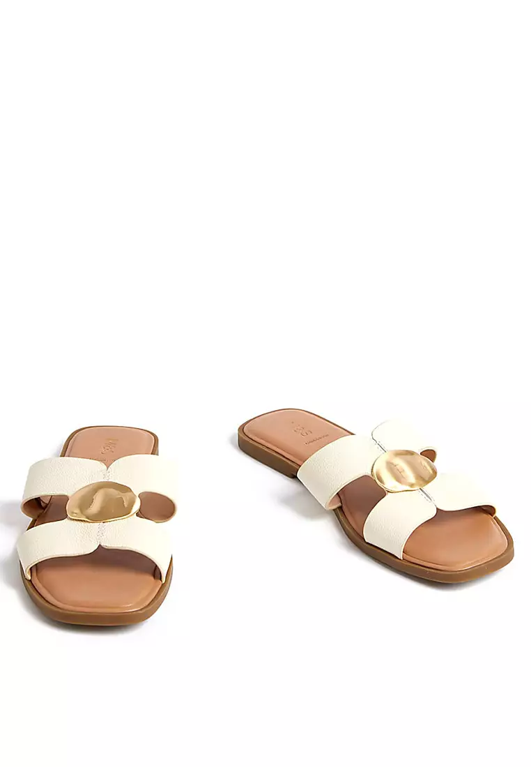 Leather Metal Trim Flat Open Toe Mules