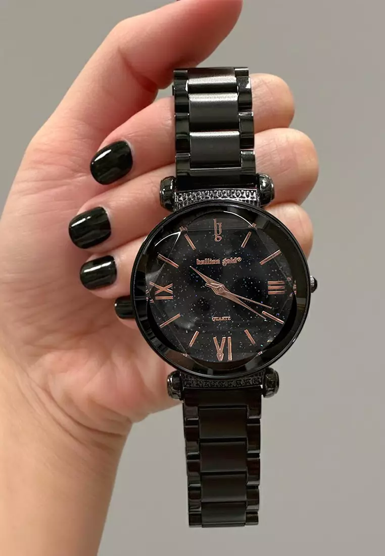 Romish Watch Embellished with Glittering Crystals - Black and Rose Gold