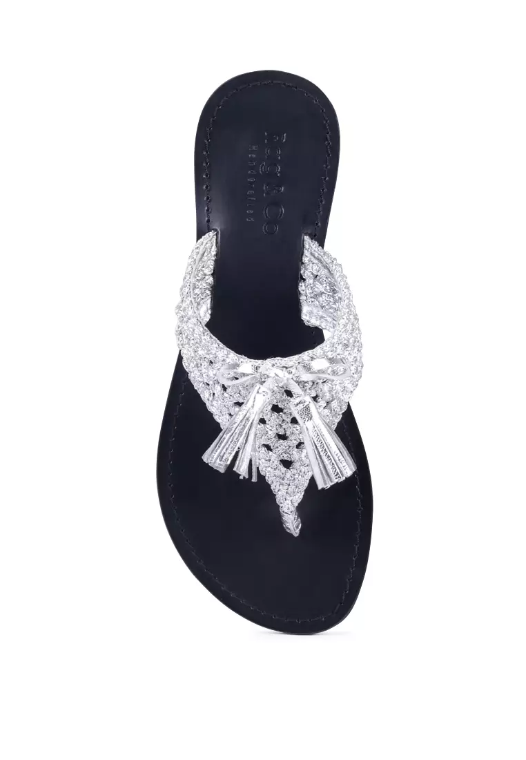 Handwoven Natural Silver Suede Tassel Thong Flats