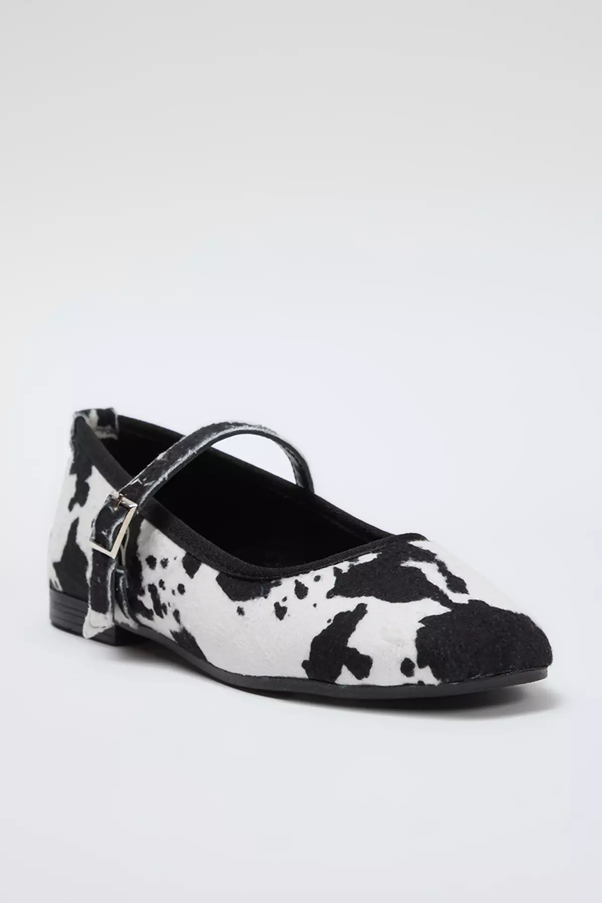Black Cow Patterned Almond Toe Mary Jane Women's Ballerinas Takss25Be00010