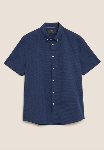 MARKS & SPENCER blue M&S Easy Iron Pure Cotton Pindot Shirt BD89FAAFDE29B3GS_1
