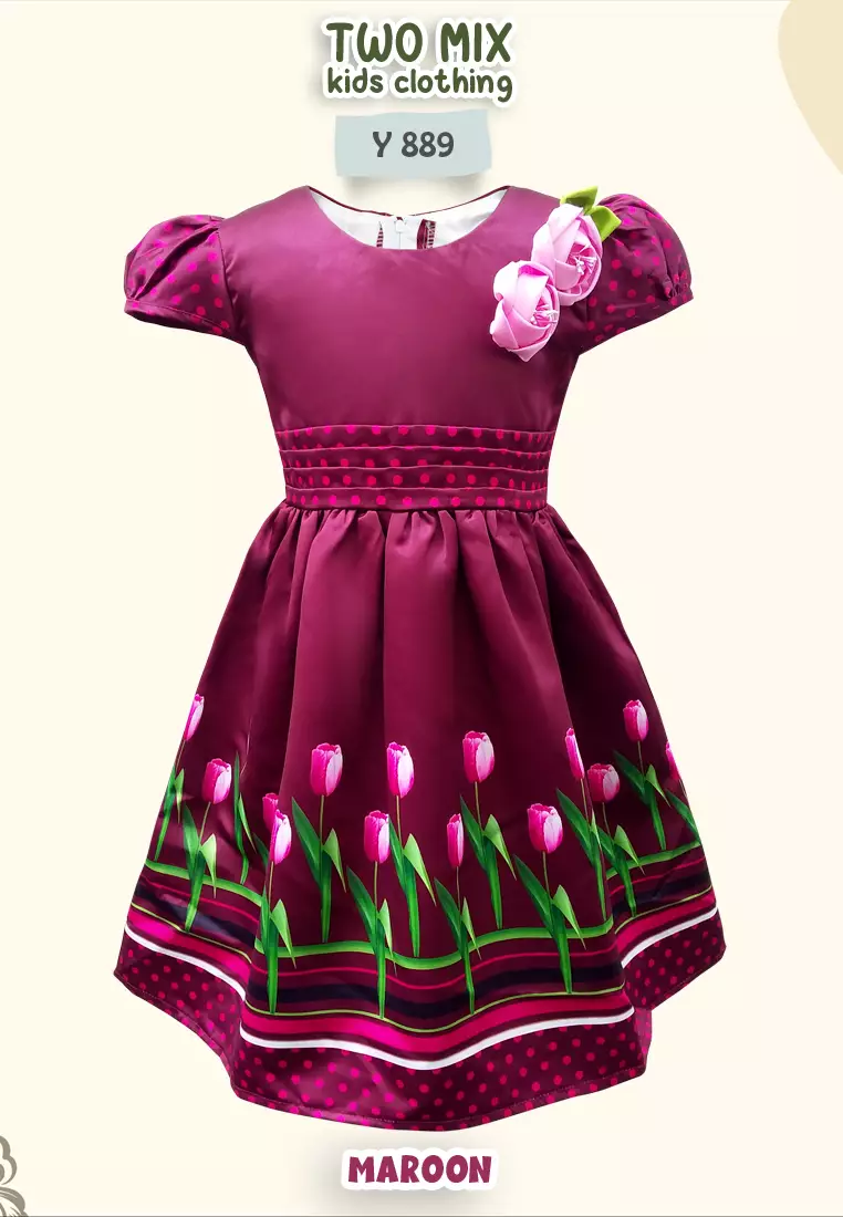 Two Mix - Dress Imlek Anak Perempuan - Gaun Anak Cewek Pesta Satin 1-12 Tahun Y889 Maroon