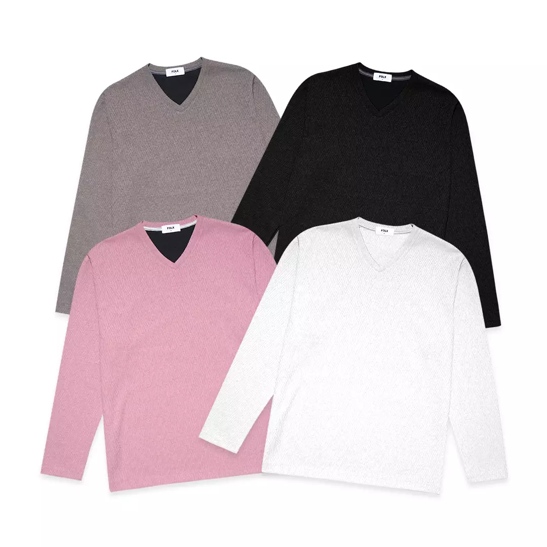 V-Neck Geometric Texture Long Sleeve T-Shirt White