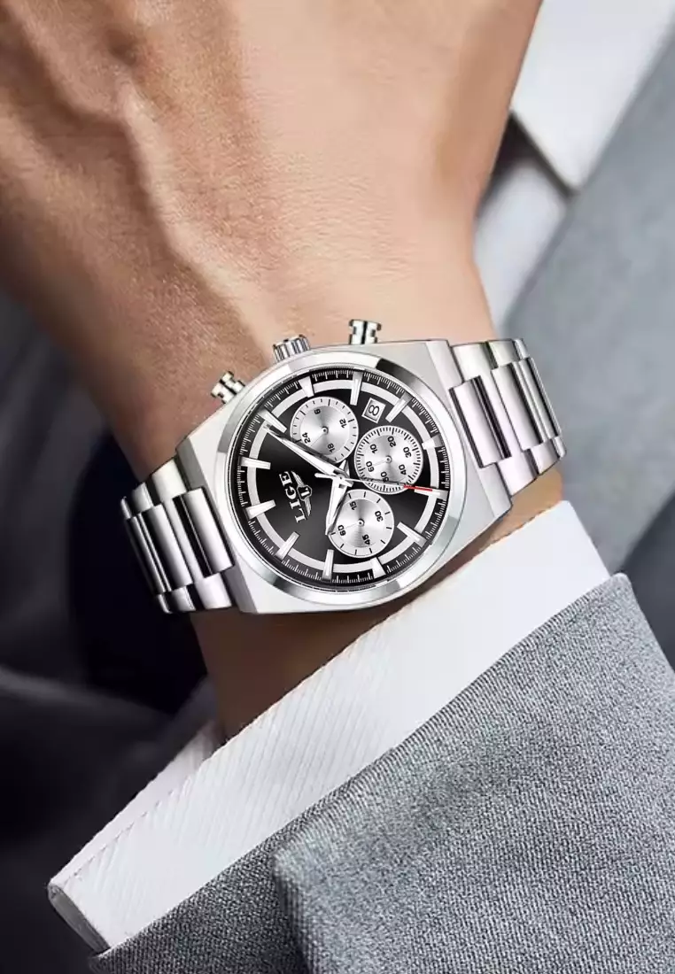 Chronograph Unisex Silver Color Alloy Quartz Watch 41mm, Stainless Steel Bracelet