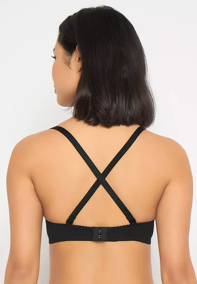 Clovia Padded Non-Wired Full Coverage Self-Striped Multiway T-shirt Bra in Black