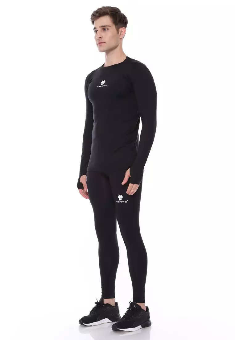 Tiento Men Manset Olahraga Thumbhole Black Lubang Jari dan Celana Legging Pria Black 1 Set